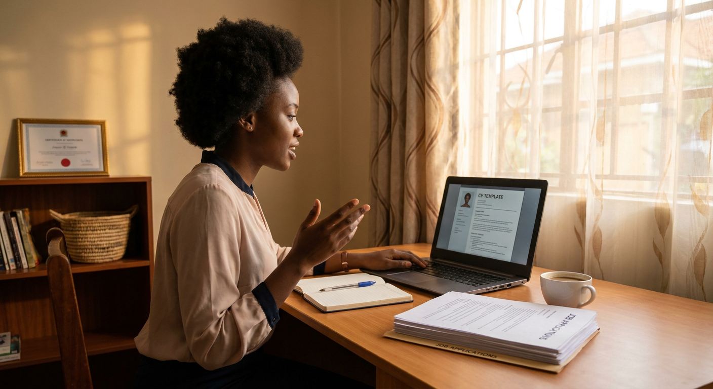 Ugandan graduate preparing a CV and practicing interview responses at home
