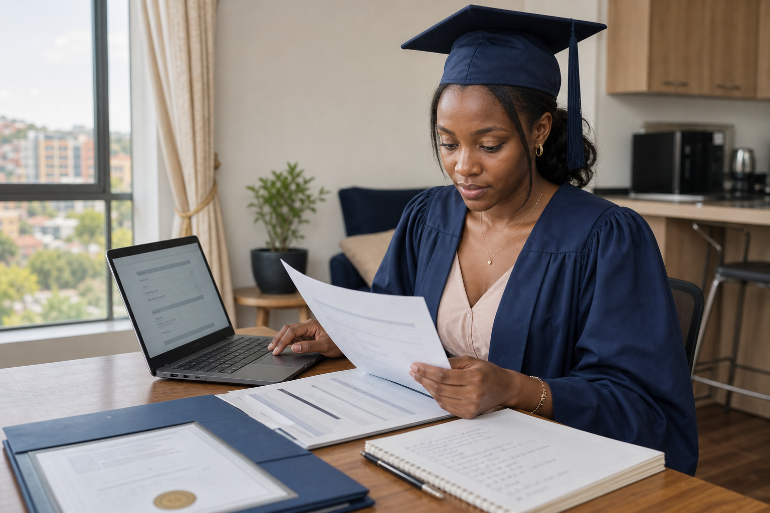 Uganda fresh graduate reviewing her CV and academic documents before applying for EACOP graduate trainee jobs