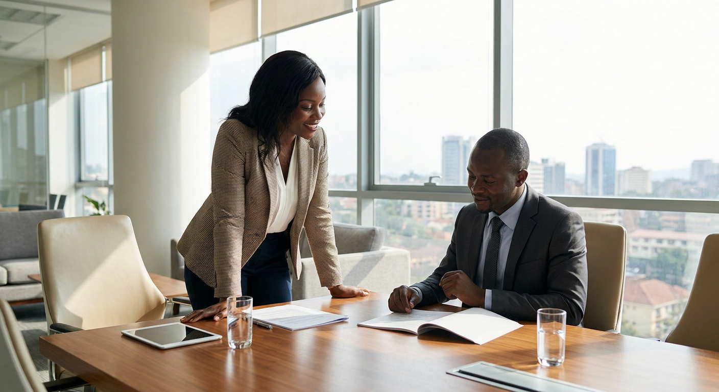 Ugandan professional discussing salary details with a hiring manager in a bright Kampala office.