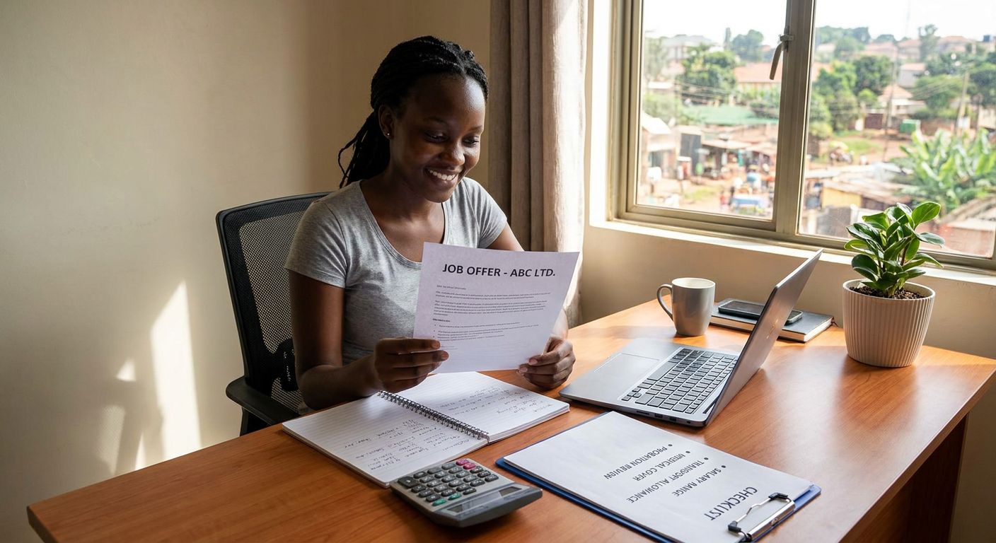 Ugandan job seeker reviewing a job offer, salary notes, and a negotiation checklist at a desk.