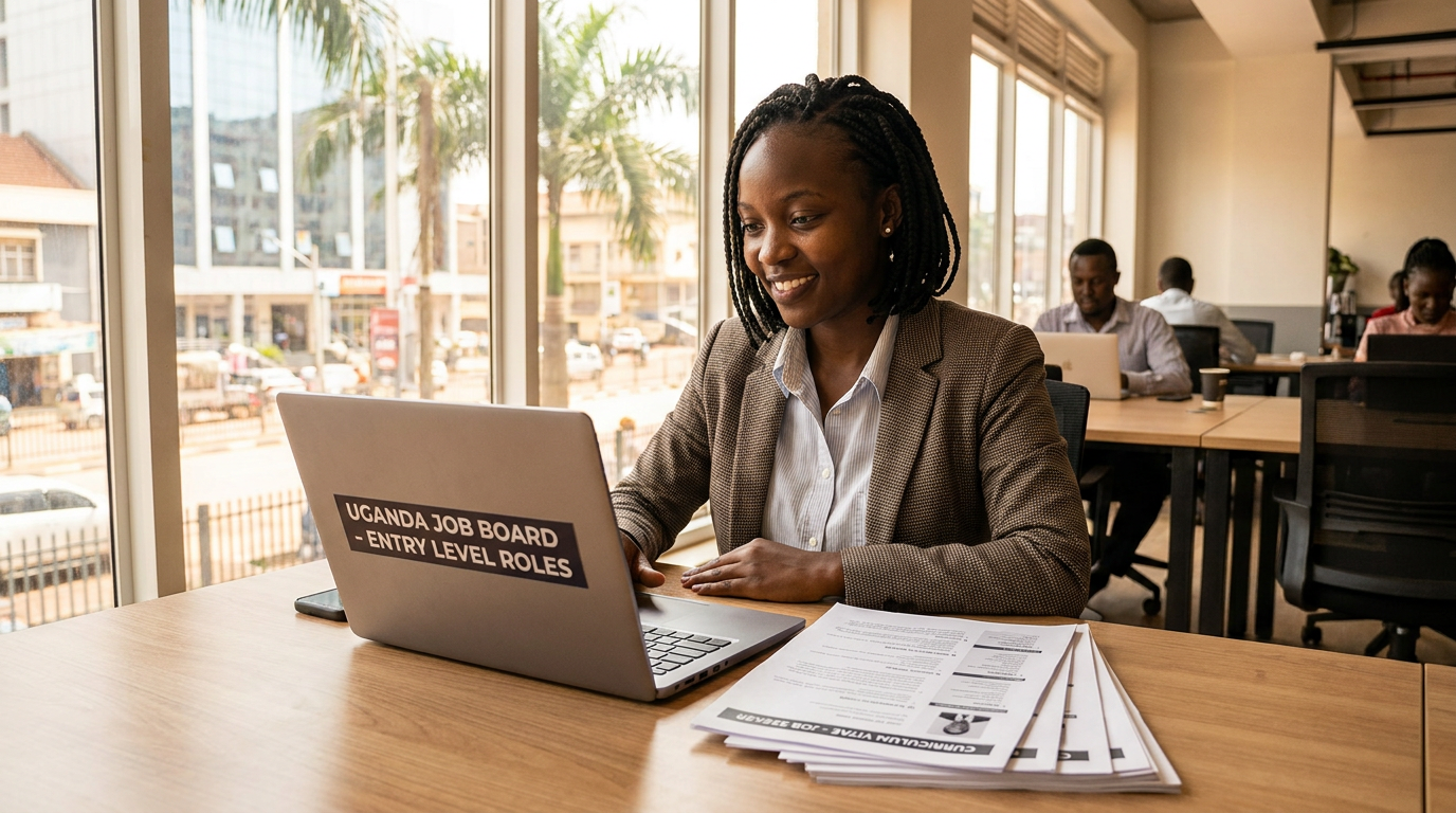 Young Ugandan job seeker searching for entry-level opportunities on a laptop