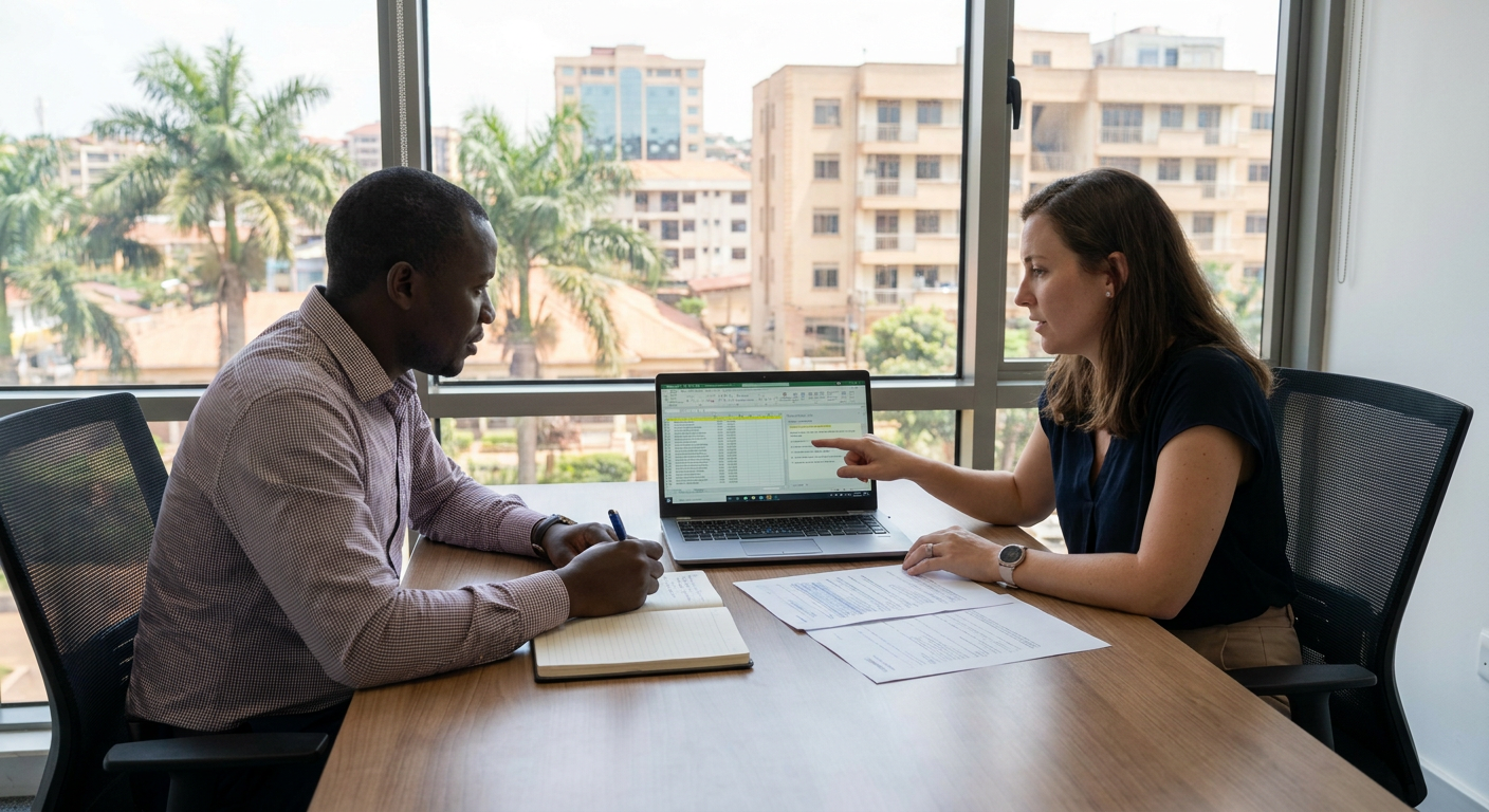 Professional compensation review meeting between a Ugandan employee and manager in an office.