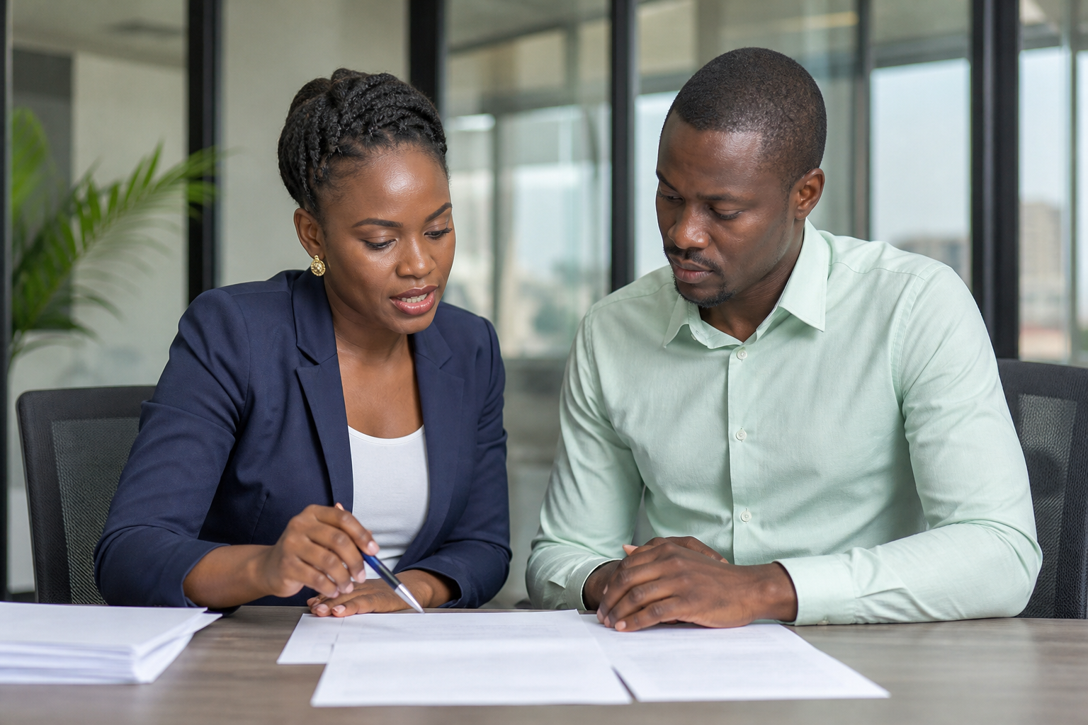 HR officer in Kampala reviewing payroll documents with an employee to check a PAYE refund